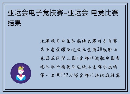 亚运会电子竞技赛-亚运会 电竞比赛结果